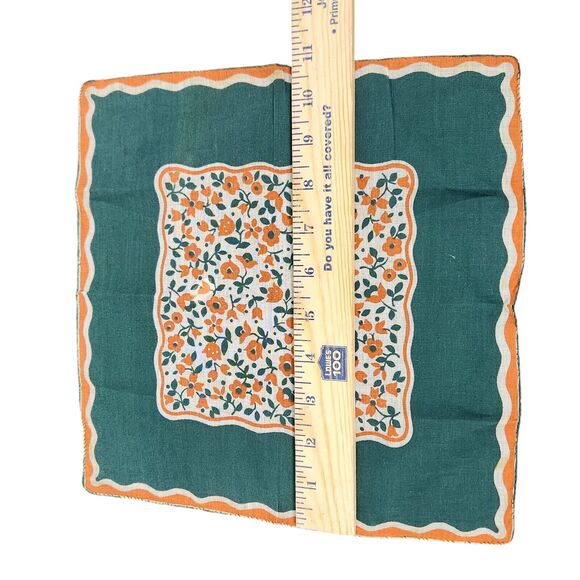 VTG HANKIE GREEN ORANGE BOLD PRINT FLORAL HAND ROLLED EDGE RETRO FUNKY BRIGHT - Picture 4 of 5
